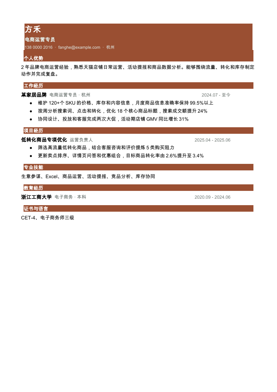电商运营简历模板预览