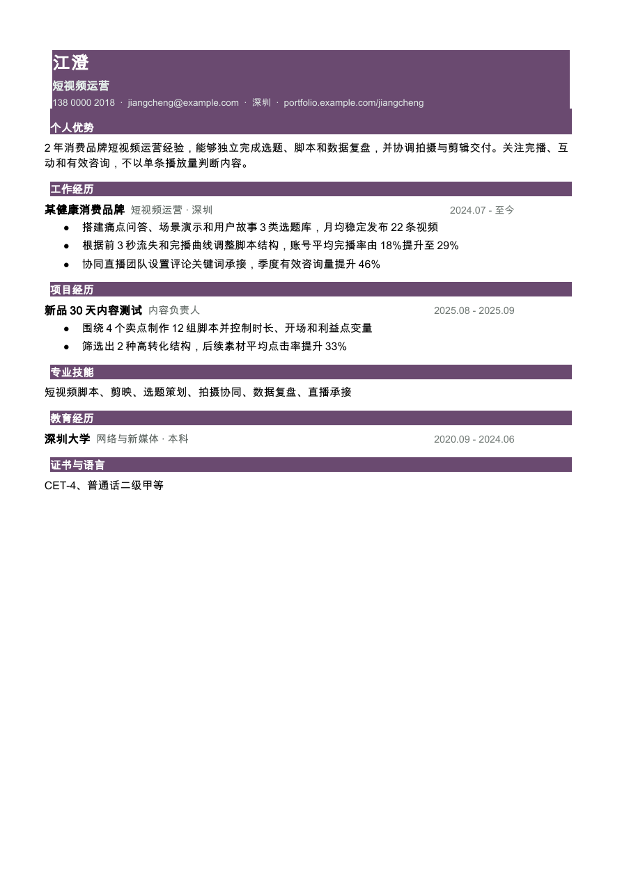 短视频运营简历模板预览