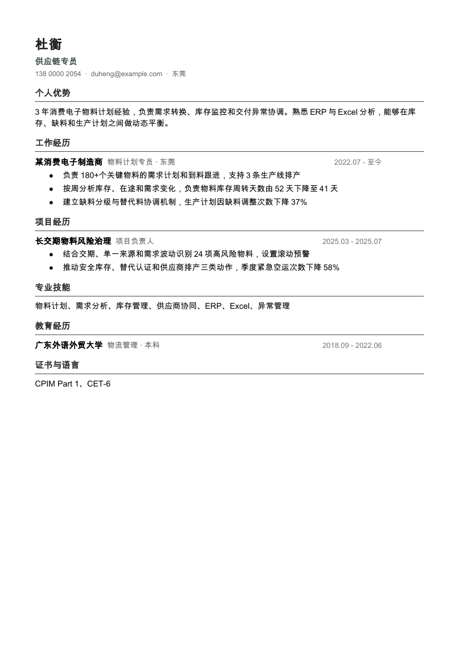 供应链专员简历模板预览