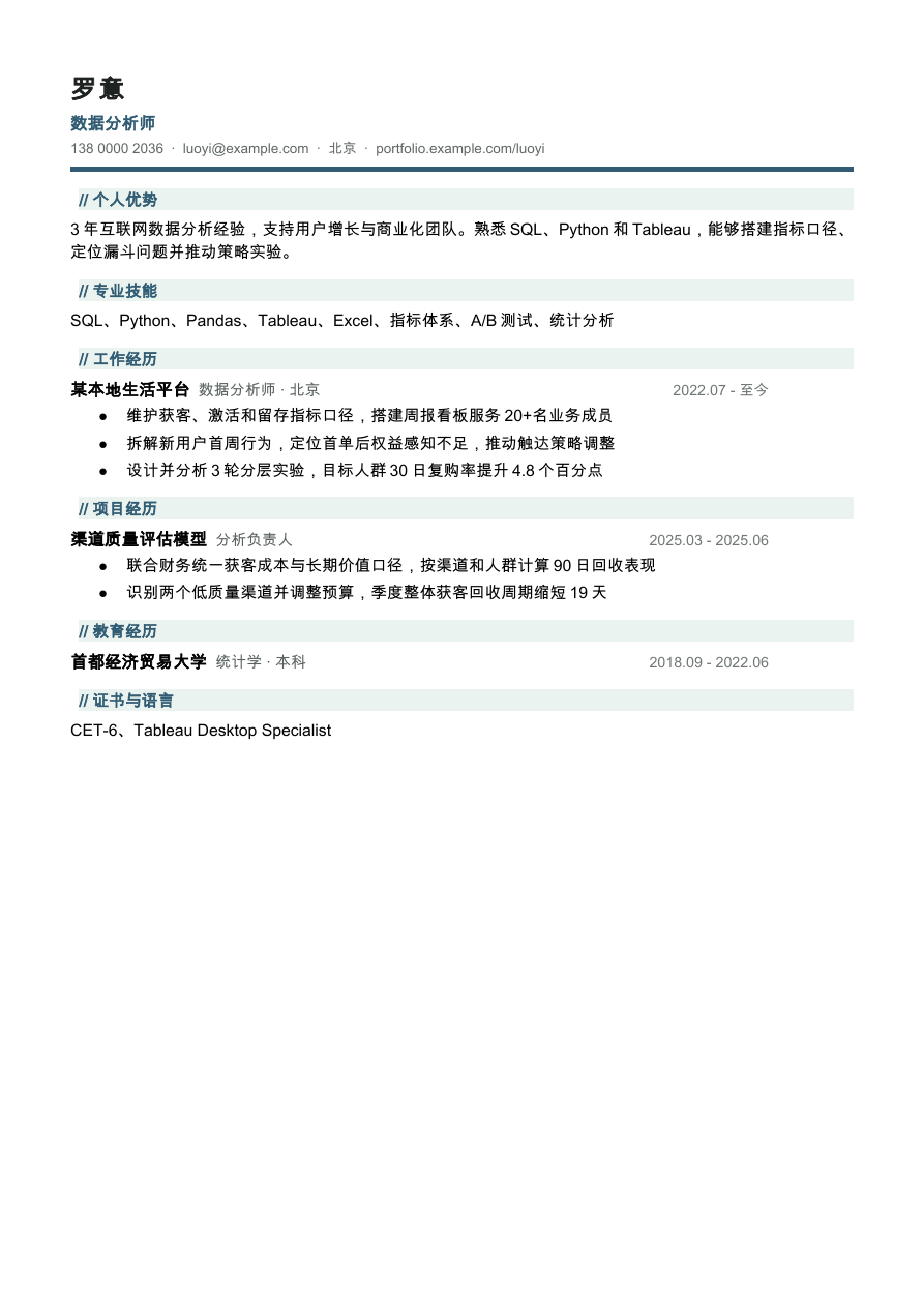 数据分析师简历模板预览