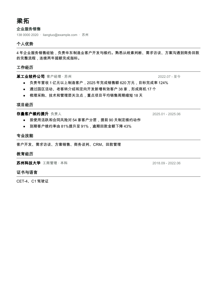 销售专员简历模板预览