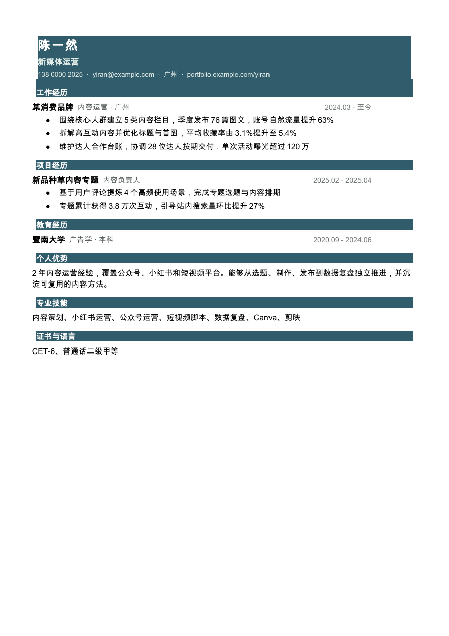 新媒体运营简历模板预览